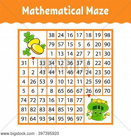 Mathematical Square Maze. Game For Kids. Number Labyrinth. Education Worksheet. Activity Page. Puzzl