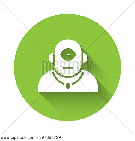 White Cyclops Icon Isolated With Long Shadow. Green Circle Button. Vector
