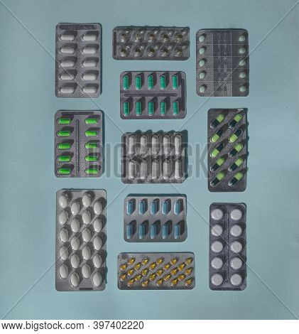 Closeup Capsule And Pills In Blister Pack. Antimicrobial Drug Resistance. Pharmaceutical Industry. G