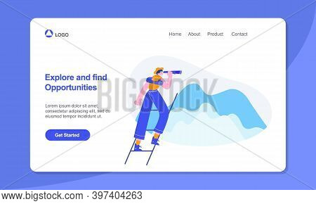 Young Women Using Binocular Finding Opportunities Concept Illustration. Suitable For Web, Banner, Po