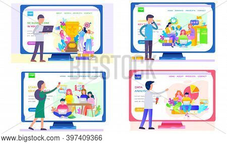 A Set Of Illustrations On The Presentation Of A New Program. Online Store Landing Page Template. App