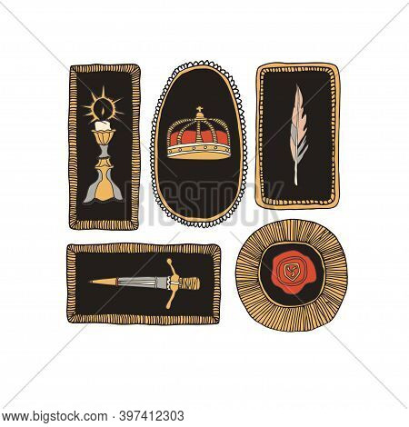 Medieval Crown In Decorative Frame. Candle, Feather, Wax Seal And Knight Sword. Royal Atributes Vect