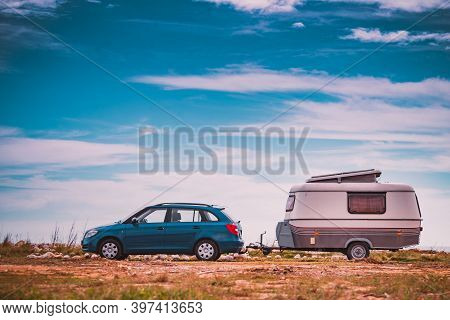 Caravan Trailer Camping On Coast, Spain.