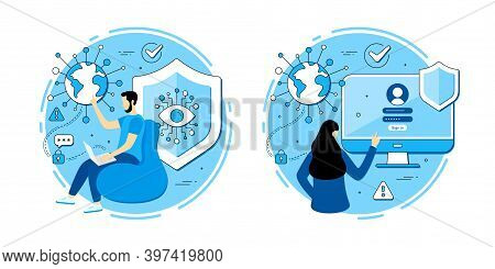 Cyber Security Vector Icons Set. Approved Login Page, Online Access, Employee With Laptop. Vpn Data 