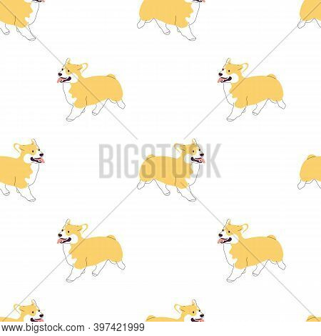 Repeat Seamless Pattern With Flat Style Cute Welsh Corgi Dogs On White Background. Stock Vector