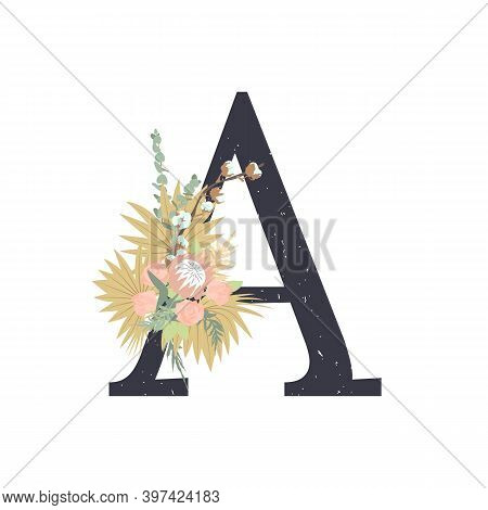 Elegant Capital Letter A Decorated With Hand Drawn Pastel Boho Tropical Wedding Bouquet.