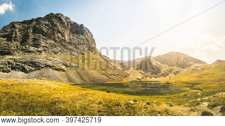 Amazing Mountain Lake Landscape Between Bolkar Mountain And Taurus Mountain. Panoramic View Of Black
