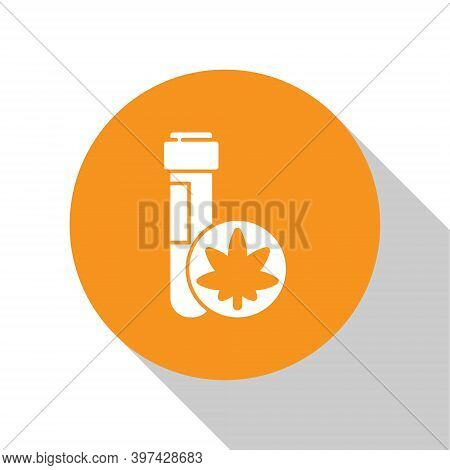 White Chemical Test Tube With Marijuana Or Cannabis Leaf Icon Isolated On White Background. Research