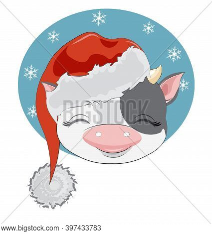 Sticker Lovely Vector Happy New Yaer. Merry Christmas, Calf, Cow. Bull In Santa Hat, Picture In Hand