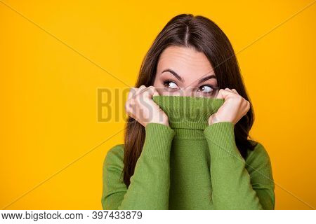 Close-up Portrait Of Pretty Curious Funny Girl Hiding Face Warm Sweater Creating Idea Isolated Over 