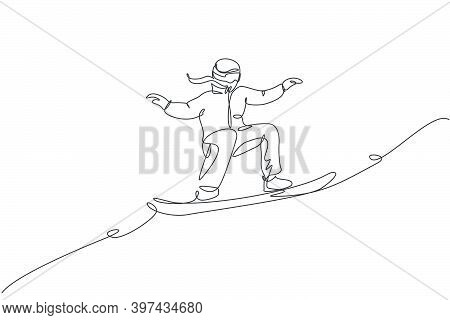 One Single Line Drawing Of Young Energetic Snowboarder Woman Ride Fast Snowboard At Snowy Mountain V