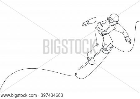 One Continuous Line Drawing Of Young Sporty Man Snowboarder Riding Snowboard And Jump At Alps Snowy 