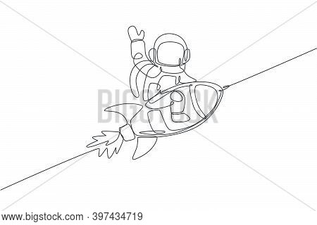 One Single Line Drawing Of Astronaut In Spacesuit Floating And Discovering Deep Space While Sitting 