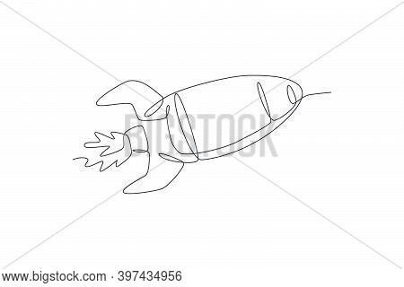 One Continuous Line Drawing Of Simple Retro Spacecraft Flying Up To The Outer Space Nebula. Rocket S