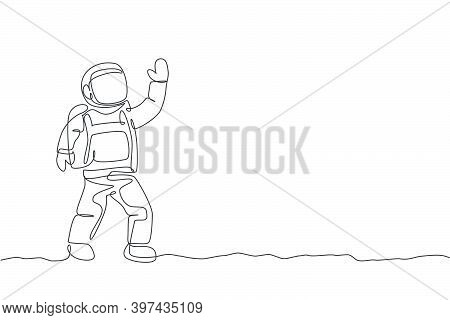 Single Continuous Line Drawing Of Young Cosmonaut Scientist Discovering Spacewalk Universe In Vintag