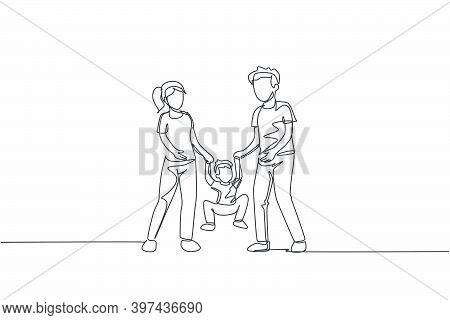 One Single Line Drawing Of Young Mom Dad Holding Their Son Together Then Lift And Swing Him, Parenti