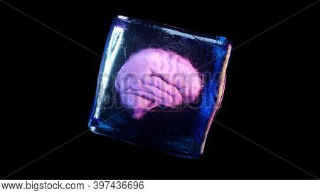 A Frozen Human Brain Inside A Spinning Ice Cube. 3D Illustration