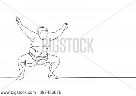 One Single Line Drawing Of Young Overweight Japanese Sumo Man Ready To Fight At Arena Competition Ve