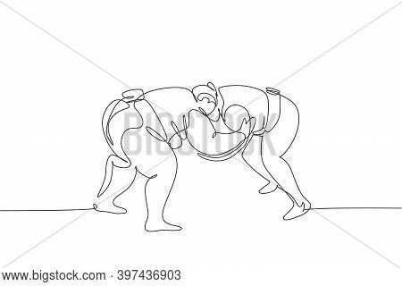 One Continuous Line Drawing Of Two Young Big Japanese Rikishi Men Prepare To Fight At Festival Tourn