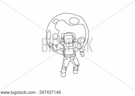 One Single Line Drawing Of Space Man Astronaut Exploring Cosmic Galaxy, Flying In Front Of Full Moon