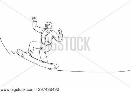 One Continuous Line Drawing Of Young Sporty Man Snowboarder Riding Snowboard In Alps Snowy Powder Mo