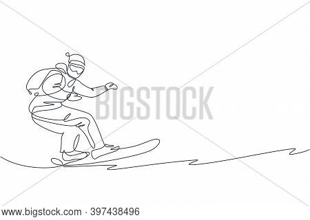 One Continuous Line Drawing Of Young Sporty Man Snowboarder Riding Snowboard In Alps Snowy Powder Mo