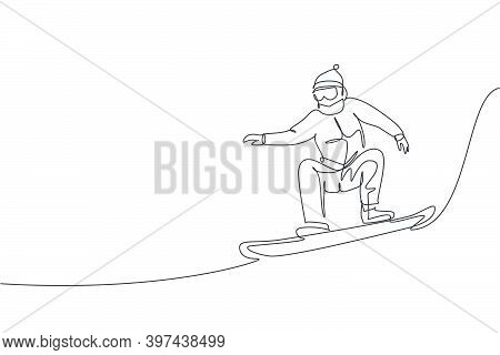 Single Continuous Line Drawing Of Young Sportive Snowboarder Man Jumping Ride Snowboard At Mountain.
