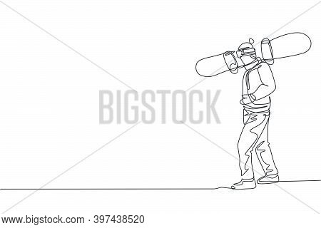 One Single Line Drawing Young Energetic Snowboarder Man Ride Fast Snowboard At Snowy Mountain Graphi