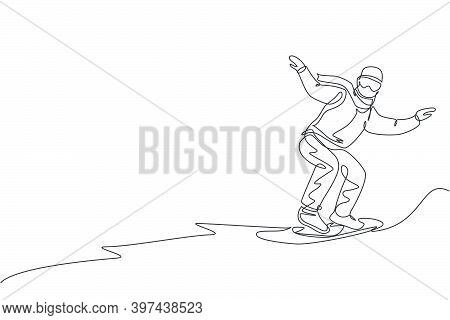 One Single Line Drawing Young Energetic Snowboarder Man Ride Fast Snowboard At Snowy Mountain Graphi