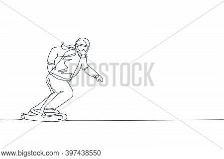 Single Continuous Line Drawing Of Young Sportive Snowboarder Woman Riding Snowboard At Mountain. Out