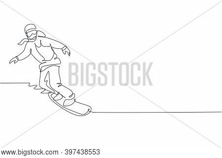 One Continuous Line Drawing Young Sporty Woman Snowboarder Riding Snowboard In Alps Snowy Powder Mou