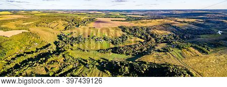 Typical Aerial Landscape Of The Central Black Earth Region Of Russia. Bolshoe Gorodkovo Village, Kur