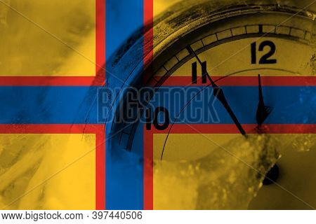 Ingrian People Flag With Clock Close To Midnight In The Background. Happy New Year Concept