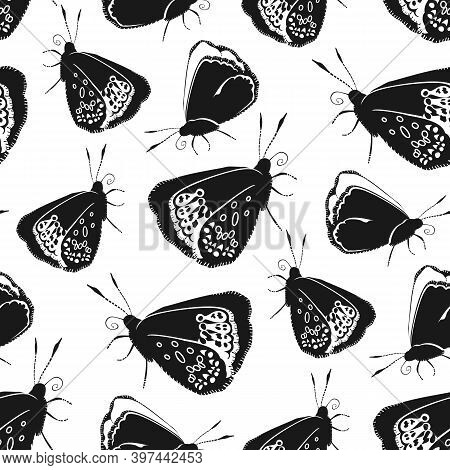 Monochrome Seamless Pattern With Butterflies On White Background. Stock Vector