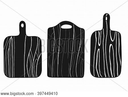 Cutting Board Silhouette Set. Hand Drawn Boards, Vintage Kitchen Wooden Boards Collection, Black Obj