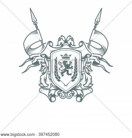 Imperial Coat Of Arms, Heraldic Embossed Royal Shield With Crossed Flags, Ancestral Medieval Symbol,
