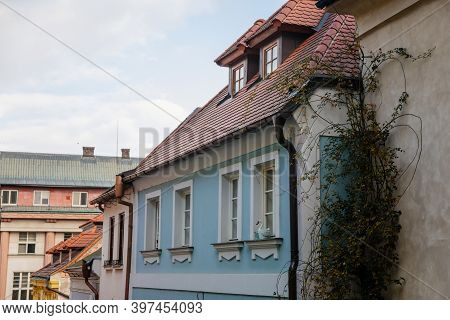 Narrow Picturesque Street With Colorful Buildings In Old Historic Center Of Kolin, Central Bohemia, 