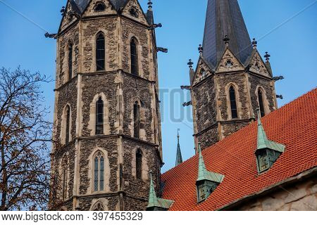 Medieval Stone St. Bartholomew´s Church In Autumn Day, Arched Windows, Chimeras And Gargoyles, Gothi