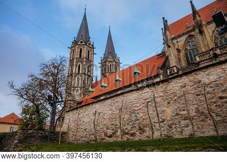 Medieval Stone St. Bartholomew´s Church In Autumn Day, Arched Windows, Chimeras And Gargoyles, Gothi