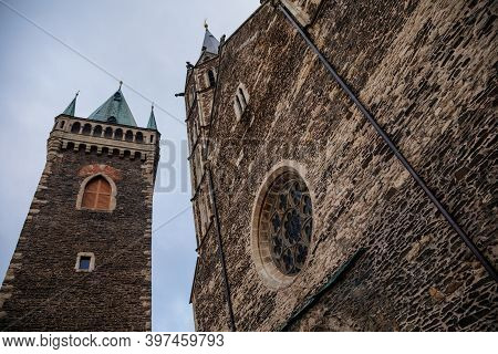 Medieval Stone St. Bartholomew´s Church In Autumn Day, Arched Windows, Chimeras And Gargoyles, Gothi