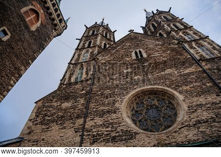 Medieval Stone St. Bartholomew´s Church In Autumn Day, Arched Windows, Chimeras And Gargoyles, Gothi