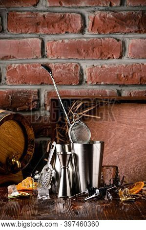 Set Pub Accessories With Cocktail Shaker Set Of Bar Accessories For Cocktail Making. Shaker, Jigger,