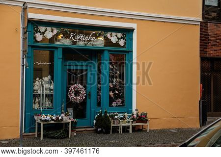 Flower Shop With Cozy Blue Showcase, Christmas Decorations, Kolin In Autumn Day, Central Bohemia, Cz