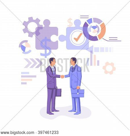 Partnership Concept. Business Meeting. Two Businessmen In Suits With Briefcase Shake Hand. Handshake