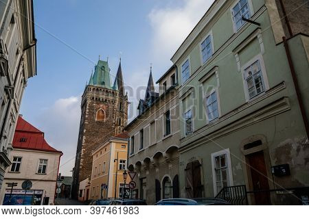 Narrow Picturesque Street With Colorful Buildings In Old Historic Center In Kolin, Baroque House Wit