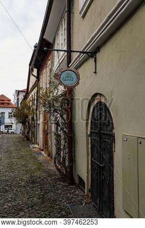 Narrow Picturesque Street With Colorful Buildings In Old Historic Center In Kolin, Baroque House Wit