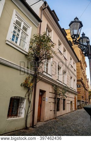 Narrow Picturesque Street With Colorful Buildings In Old Historic Center In Kolin, Central Bohemia, 