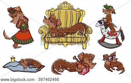Illustration Set Of Cute And Funny Cartoon Little Dogs-pupies.