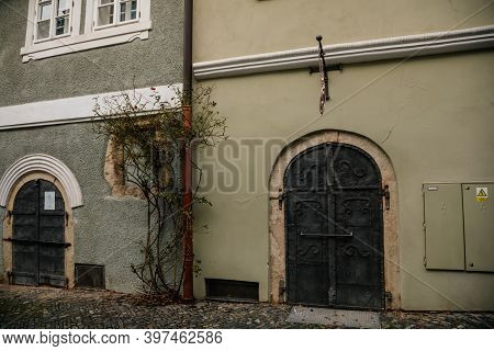 Narrow Picturesque Street With Colorful Buildings In Old Historic Center In Kolin, Baroque House Wit