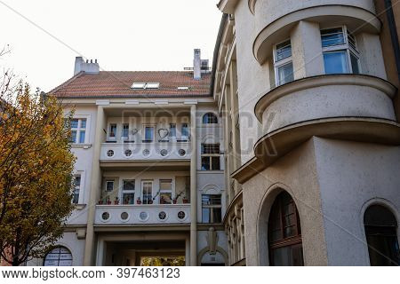 Narrow Picturesque Street With Colorful Buildings In Old Historic Center Of Kolin, Art Nouveau Moder
